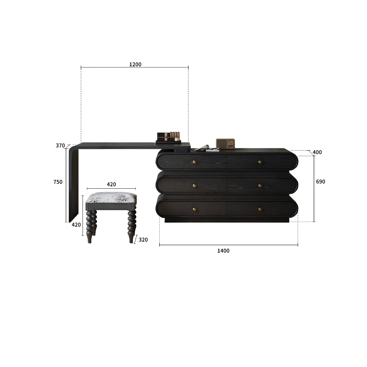 贝蒂梳妆柜带妆凳静谧黑规格图