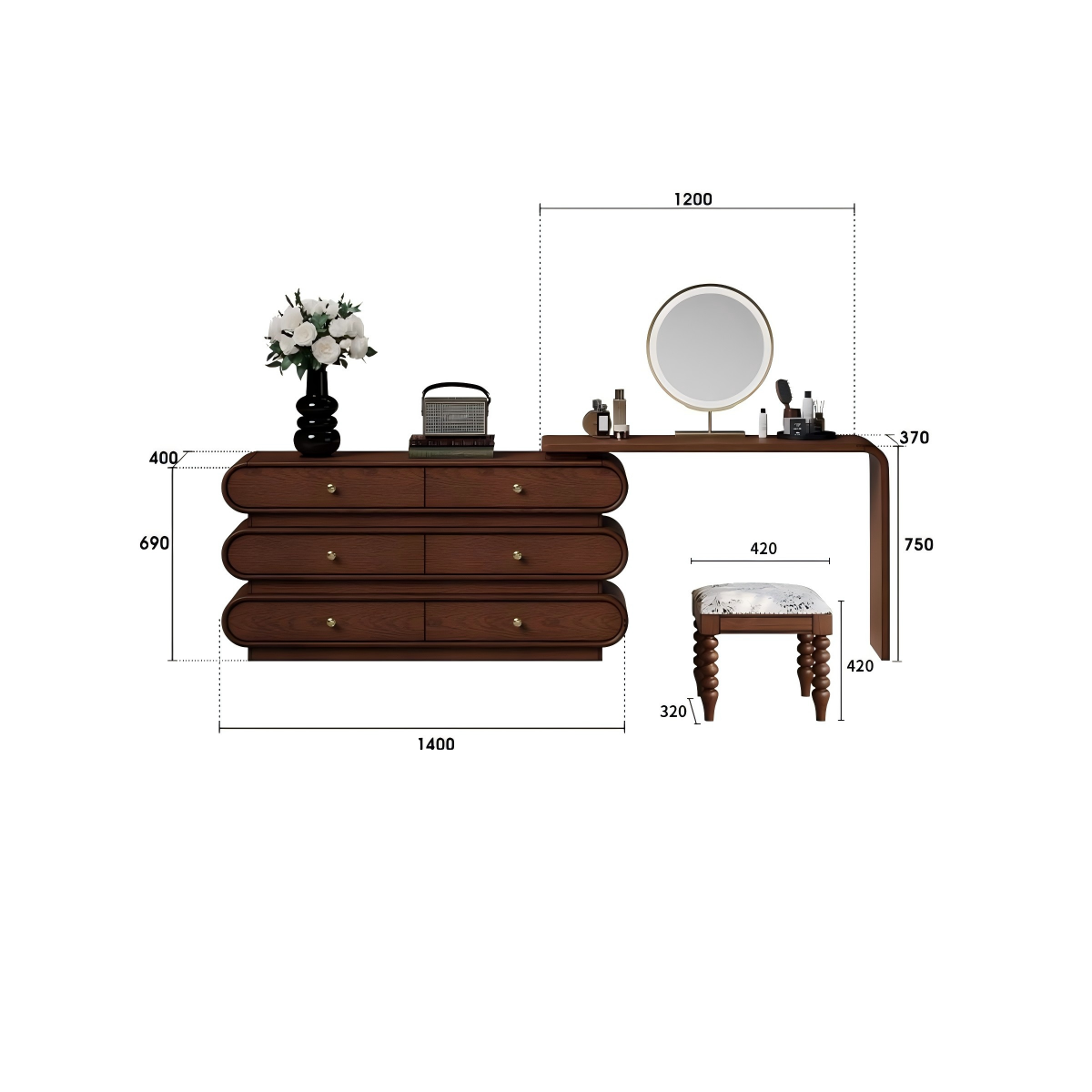 贝蒂梳妆柜带妆凳暮光咖规格图